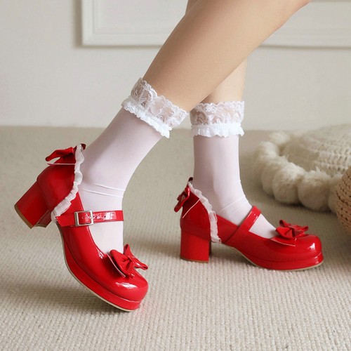 Womens Bowknot Mary Jane Chunky Mid Heels Ankle Strap Shoes Cosplay Lolita Pumps