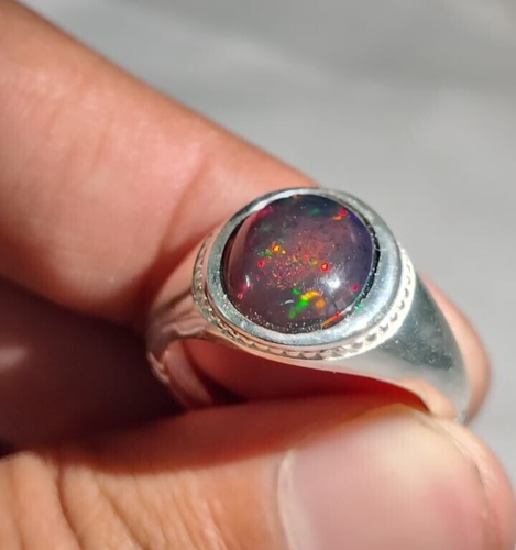 Natural Black Fire Opal Ring Engagement 925Sterling Silver Solitaire Signet Ring - Picture 5 of 8