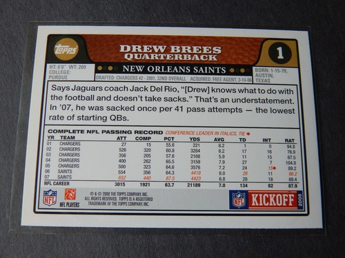 2008 Topps NFL Kickoff New Orleans Saints #1 Drew Brees - Imagen 2 de 2