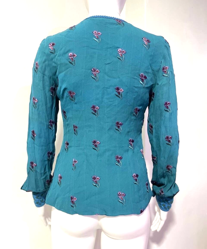 ANDREW GN PARIS FLORAL EMBROIDERED SILK LONG SLEEVED TOP BLUE SIZE S - Picture 7 of 13