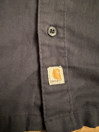 Carhartt Shirt Men's Medium Navy Blue Short Sleeve Button Up Workwear Distressed - Picture 2 of 8