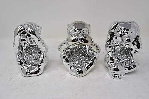 Set 3 Wise Monkeys Crystal Crushed Diamond Silver Sparkle See Hear Speak No Evil - Picture 2 of 4