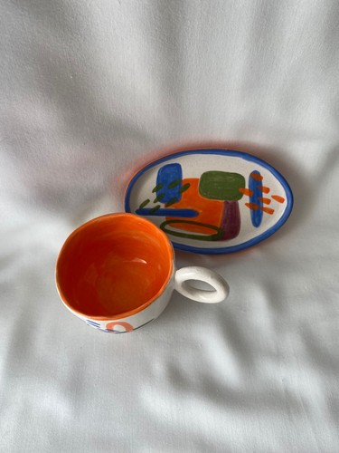 Vintage Handarbeit Keramik Becher Tasse handbemalt Kunst Design Steingut Keramik - Bild 10 von 10
