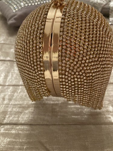 Women’s Gold Diamante Evening Bag Round Hard Case Removable Strap Disco Clutch - Picture 16 of 21