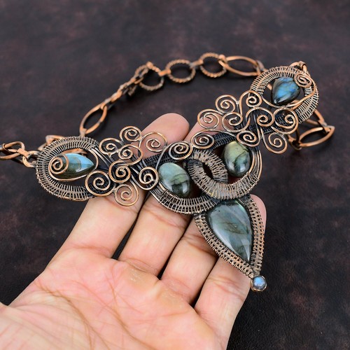 "Collar ajustable envuelto en alambre labradorita hecho a mano diseñador de cobre 18,0" - Imagen 5 de 7