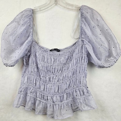 Zara Women Crop Blouse Size Medium off Shoulder Sheer Dusty Blue Black Polka Dot