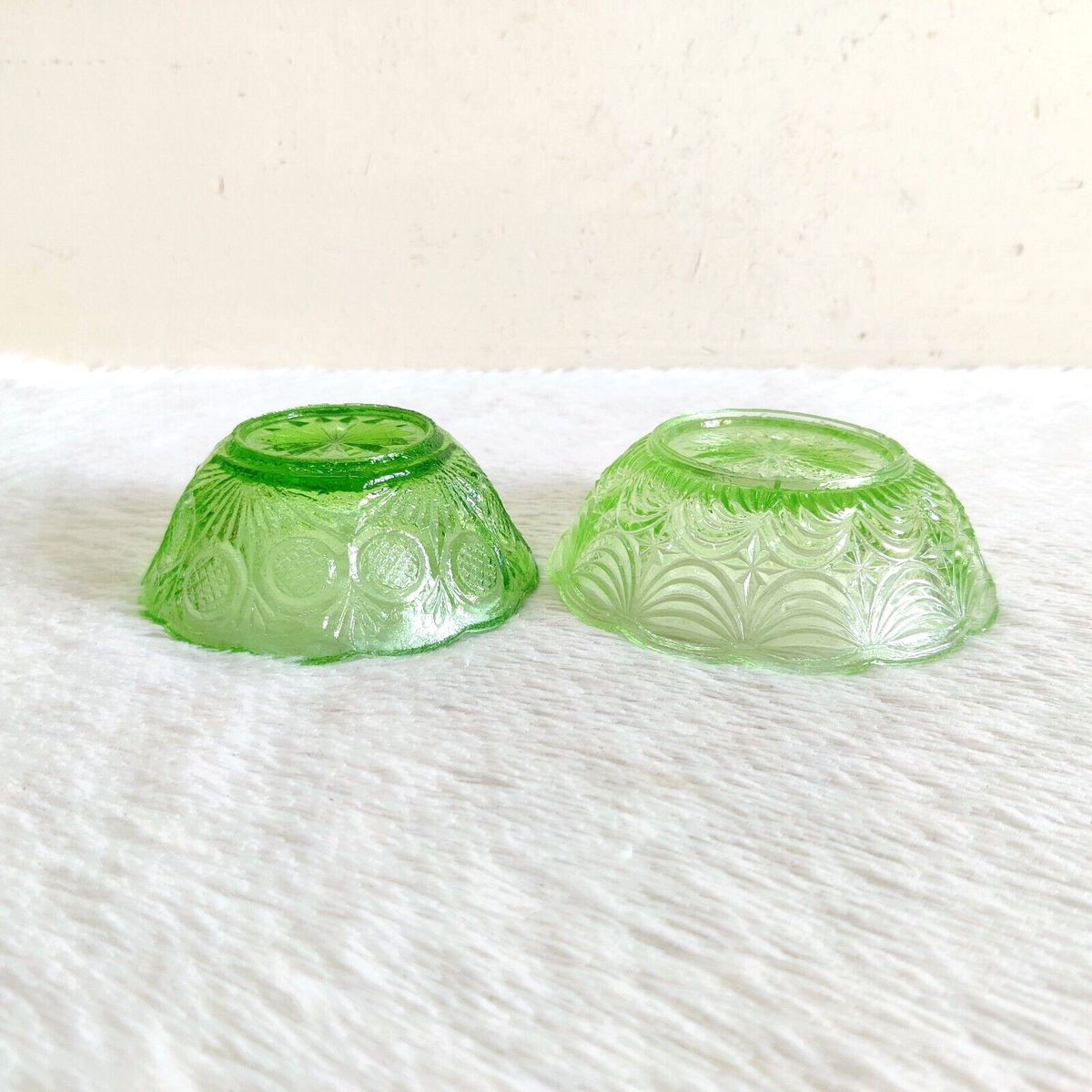 Vintage Embossed Design Neon Green Glass Bowl Pair