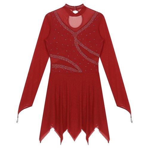 Women's Shiny Rhinestone Mesh Patchwork Long Sleeve Figure Skating Dress Costume - Picture 10 of 123