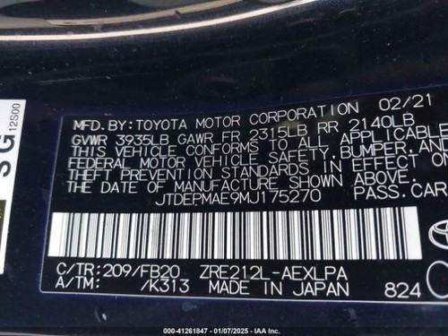 COROLLA 2021 Starter Motor 2127687 - Picture 11 of 14