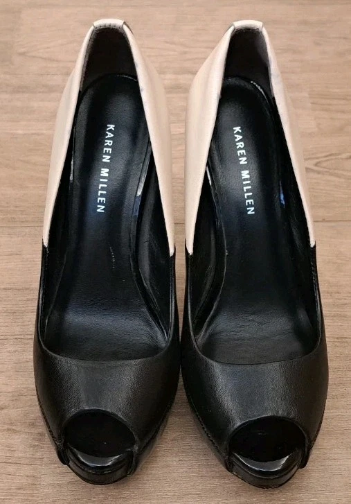 Karen Millen Black & Cream Leather Peep Toe Stiletto Heel Shoes UK Size 4.5 - Image 3 of 4