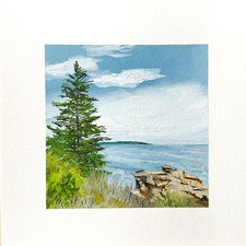 8x8 Maine Original Oil Painting Acadia Pinetree Rock Atlantic Ocean Art Signed