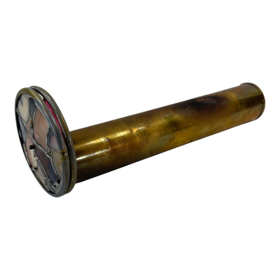 A handmade Art Deco brass kaleidoscope with genuine agate gemstone ends — the real stones make the light show unlike any modern replica.