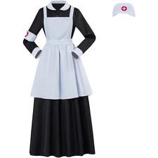 Women Florence Nightingale Nurse Costume Dress Apron Bonnet Halloween Party