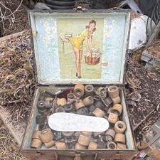 Vintage Wooden Roller Skate Wheels Parts Lot in Tin Metal Box/Case