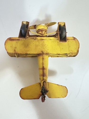 Yellow Metal Airplane Bi-Wing Figurine Toy Single Engine Vintage Style Plane - Picture 4 of 5