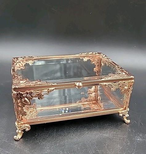 Beveled Glass Jewelry Casket Box By Cynthia Rowley New York Rose Gold Hinged Lid - Picture 2 of 6