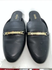 Michael Kors Sz 10 M Black Leather Slip On Mules Slides Flats Logo V019D READ
