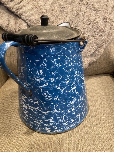 Vintage blaue X-Large Emaillegeschirr Cowboy Kaffeekanne - Bild 2 von 8