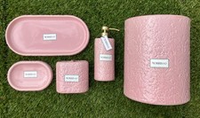 Morris  Co 5x PC Set Vanity Plate Ceramic Pink Floral Trash Soap Dish Dispenser
