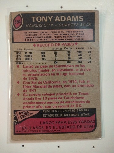1977 Topps Mexican # 394 TONY ADAMS Rookie Chiefs Utah State RC - Bild 2 von 2