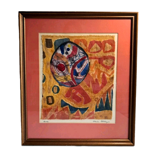 Vintage Batik Fabric Painting Abstract Circle Hand Signed 16x18 Frame MCM Art - Picture 2 of 14