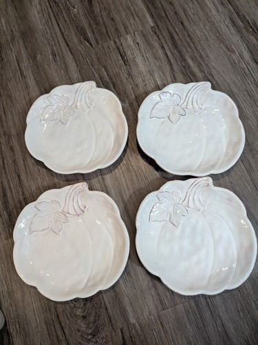 Pier 1 Imports Pumpkin Shaped Hand Painted Dolomite Plates White Ornate Set Of 4 - Picture 3 of 19