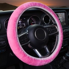 KAFEEK Pink Elastic Fuzzy Steering Wheel Cover,Microfiber Plush Steering Wheel