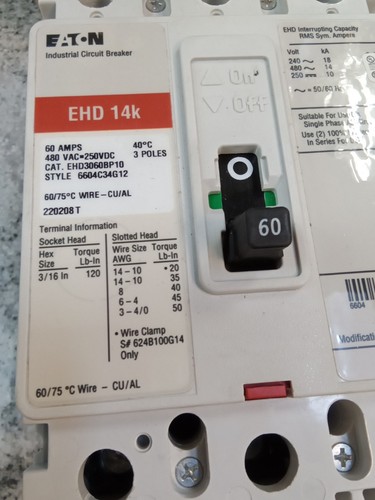 EATON/EHD3060BP10/60A/3P/ 480VAc/250VDc/EHD 14k/Interruttore/NUOVO (23C2 - Foto 4 di 12