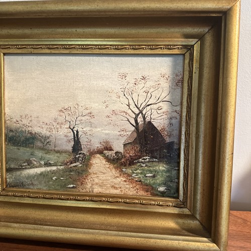Antique Oil Painting Country Road Wood Cabin Scene Oil On Canvas Signed & Framed - Picture 6 of 19