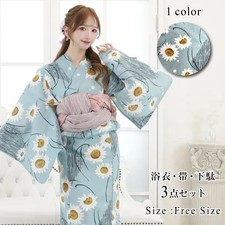 Japanese Yukata Kimono 3-piece set with a Diamond Pattern with Playful Flowers