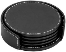 Rustic Black Leather 4-Round Coaster Set