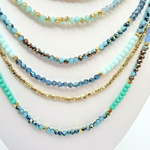 Multi Strand Necklace Layered Iridescent Seed Beads Aqua Blues Gold Tone Chain - Picture 2 of 12