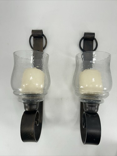 Iron Metal and Clear Glass Bronze Wall Sconces with Cream Candles Lot of 2 - Picture 1 of 10