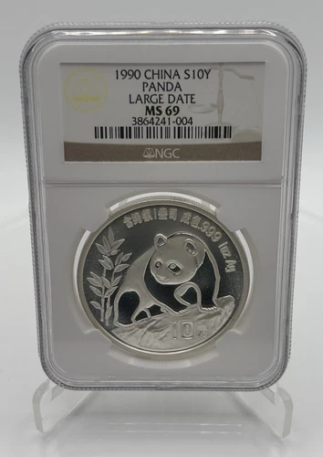1990 Large Date Graded NGC MS69 China silver panda coin, 10y, 1 ounce
