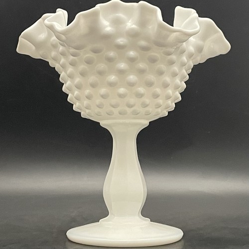 Fenton Milk Glass Hobnail Ruffled Pedestal Compote/Candy Dish 1957-1971 USA 6"t - Picture 13 of 13
