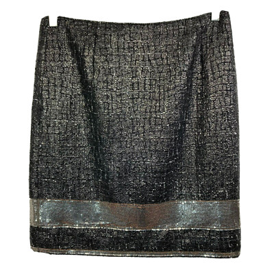Per Se Skirt Womens Sz 8 Black Silver Metallic Wool Linen Silk Pencil Beaded