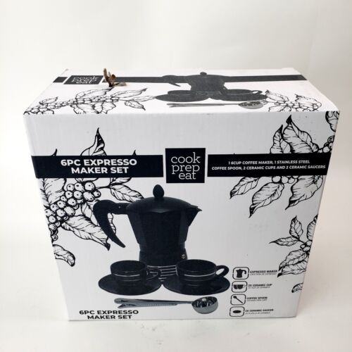 6 piece ESPRESSO MAKER SET by Cook Prep Eat 2 cups 2 suacers spoon & maker - Picture 5 of 19