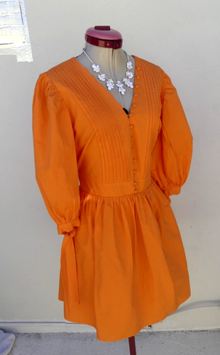 SHOWPO Zandra Orange Mini DRESS Size 14 BRAND NEW Puff Sleeve Poplin Pleated - Picture 6 of 8