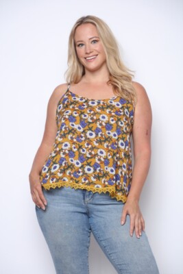 Yellow BLUE FLORAL Tank Top SIZE 2XL Womens Plus SPAGHETTI SHOULDER STRAPS Daisy