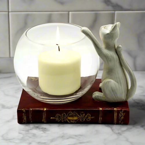Cat and Book Candle Holder Glass & Resin Decor Item Cat Lovers Bookworm Gift - Picture 2 of 9