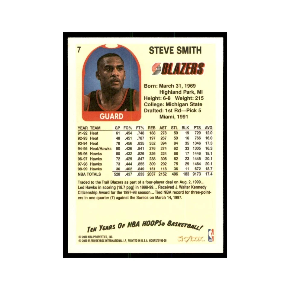 1999 Hoops Decade Steve Smith Blazers #7 - Image 2 of 3
