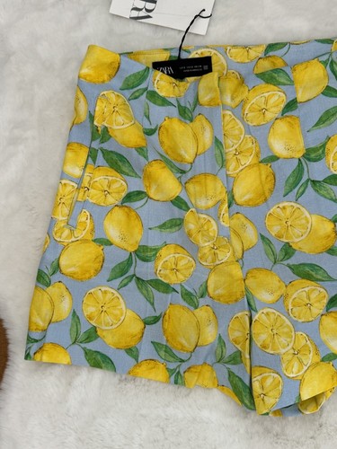 ZARA NEW WOMAN HIGH-WAIST LINEN BLEND LEMON PRINTED BERMUDA SHORTS 3010/305 sz M - Picture 6 of 9