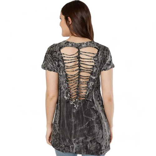 New Womens Affliction Soul Promise Strappy Lave Wash Tee T-Shirt w/Stones XS-XXL - Picture 2 of 2