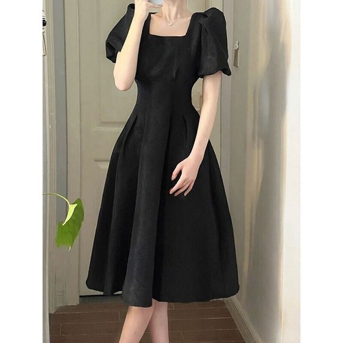 Elegante Vestido Midi Para Mujer Cuadrado Cuello Corto Mangas Abullonadas Calce Ajustado Verano Fiesta - Imagen 12 de 16
