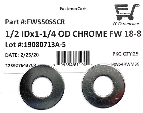 (25) 1/2" Chrome 18-8 Stainless Steel Flat Washer 1-1/4 OD - Chrome Flat Washers - Picture 2 of 5