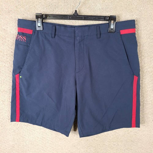 Hugo Boss Shorts Mens 50 (US 34) Blue Red Chino Ripstop Flat Front Polyester