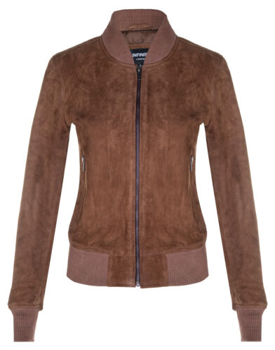 Ladies Tan Brown Goat Suede Bomber Jacket Genuine Leather MA-1 Varsity Retro - Picture 1 of 4