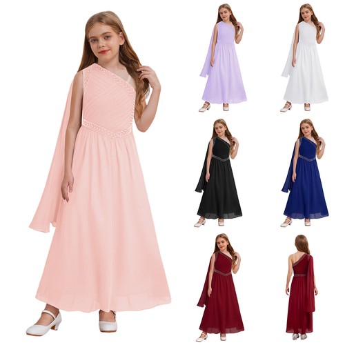 Kids Girls One Shoulder Shiny Ruched Bodice Chiffon Formal Party Dresses - Picture 4 of 46