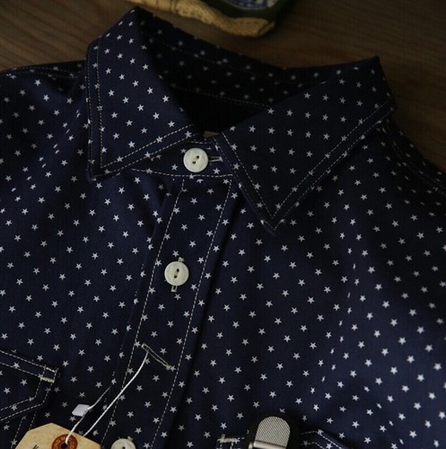 Spring Men Star Print Work Shirt Indigo Vintage Inspired Long Sleeve Shirt - Picture 6 of 8