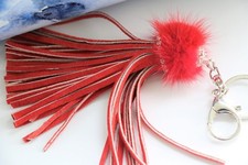 Fur Pom Pom Key Chain, Purse Charm, Key Fob, Fur Pom Pom, Suede Leather Tassel